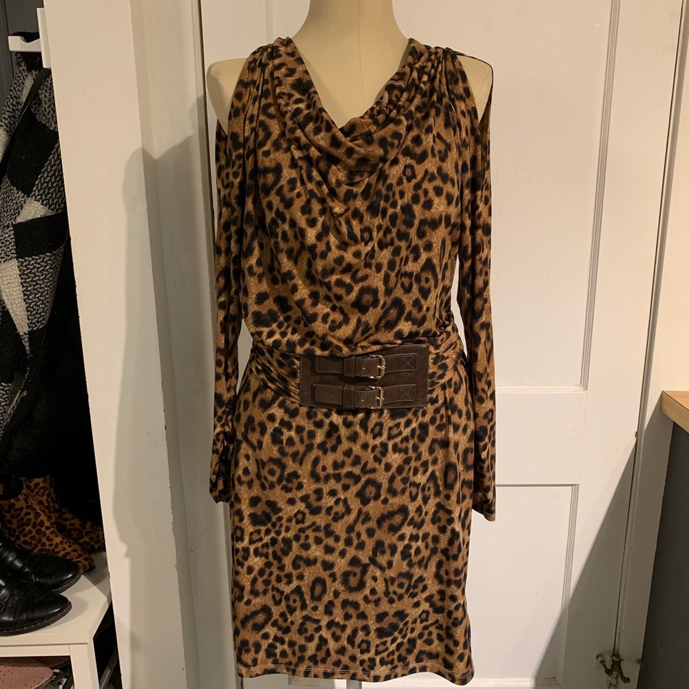 MK cold shoulder belted leopard dress